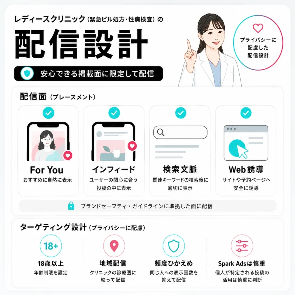 レディースクリニック向けTikTok広告の配信面とターゲティング設計を示すイラスト