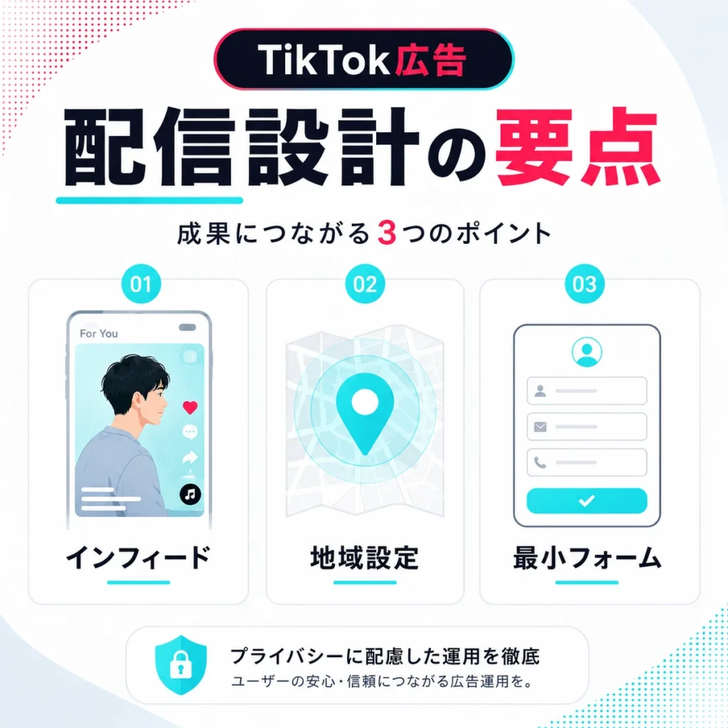 TikTok広告の配信面や地域設定、最小フォーム設計の要点をまとめたイラスト