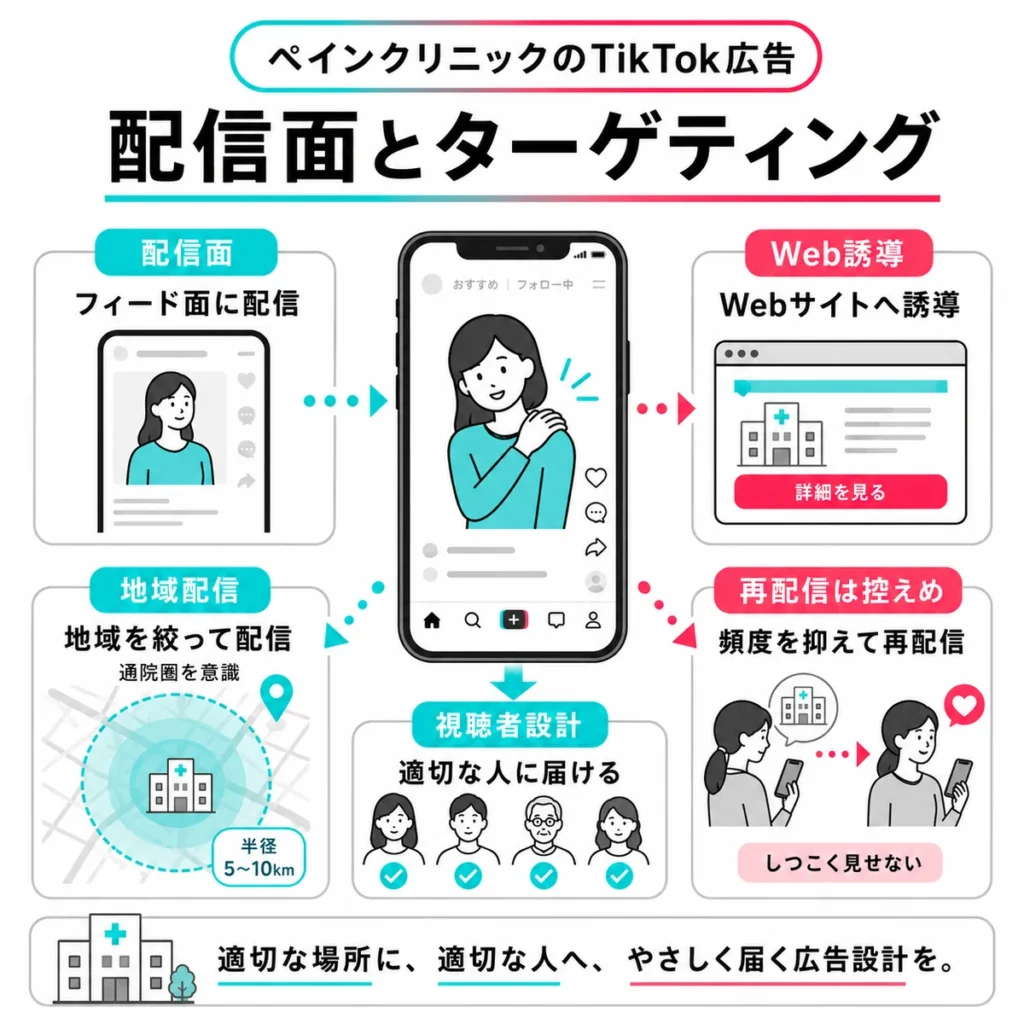 ペインクリニックのTikTok広告で地域配信やWeb誘導などのターゲティング設計を示すイラスト