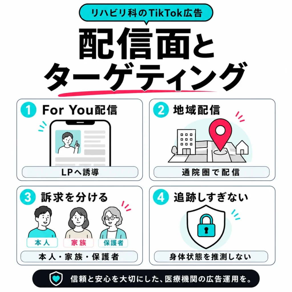 リハビリ科のTikTok広告における配信面とターゲティング設計を示すイラスト