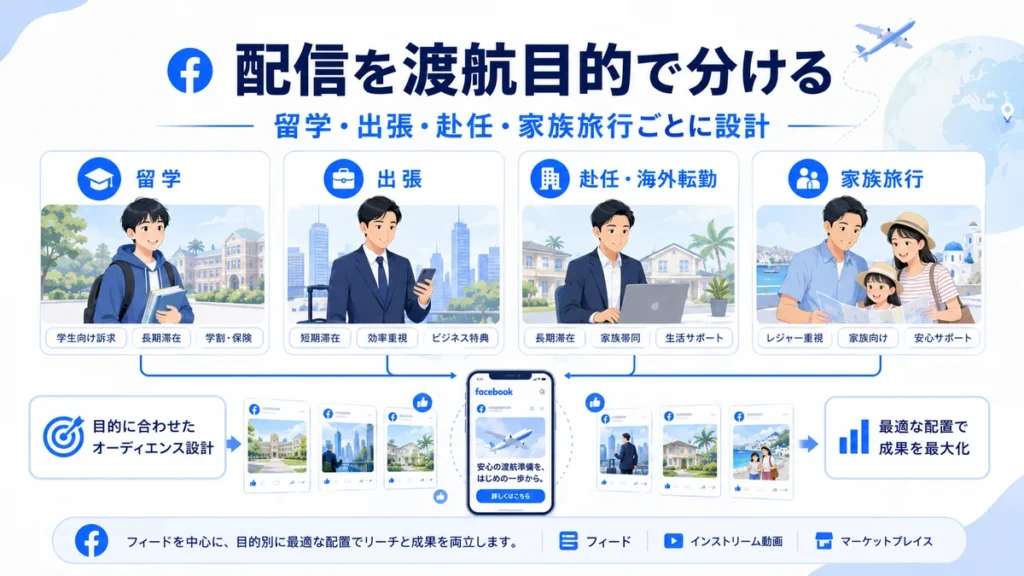 留学、出張、赴任、家族旅行ごとにFacebook広告の配信を分ける設計を示すイラスト