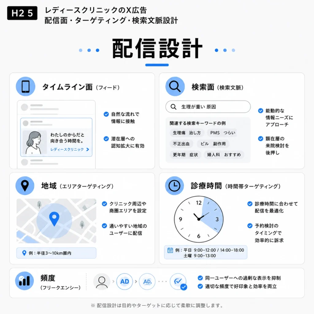 レディースクリニックのX広告における配信面・地域・検索文脈・頻度設計を示すイラスト