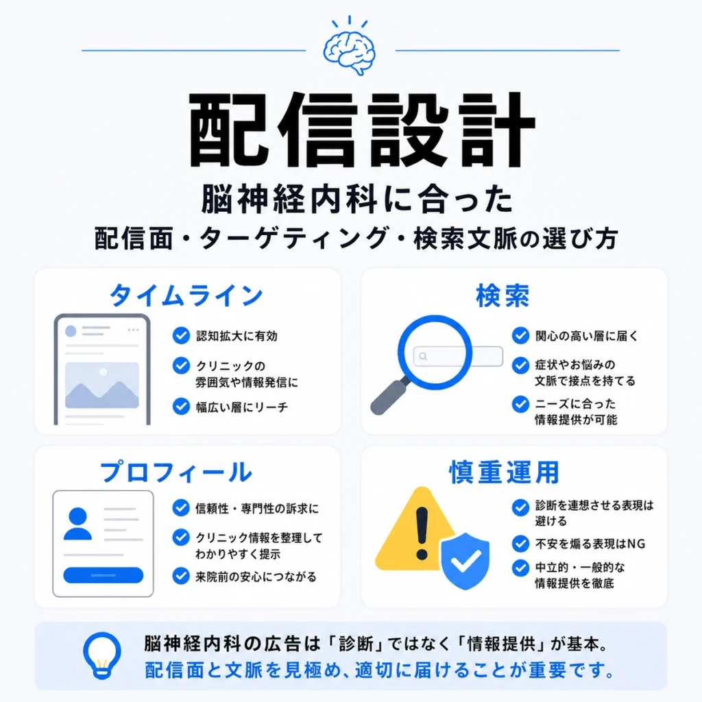 脳神経内科に合った配信面や検索文脈を慎重に選ぶ配信設計を示すイラスト