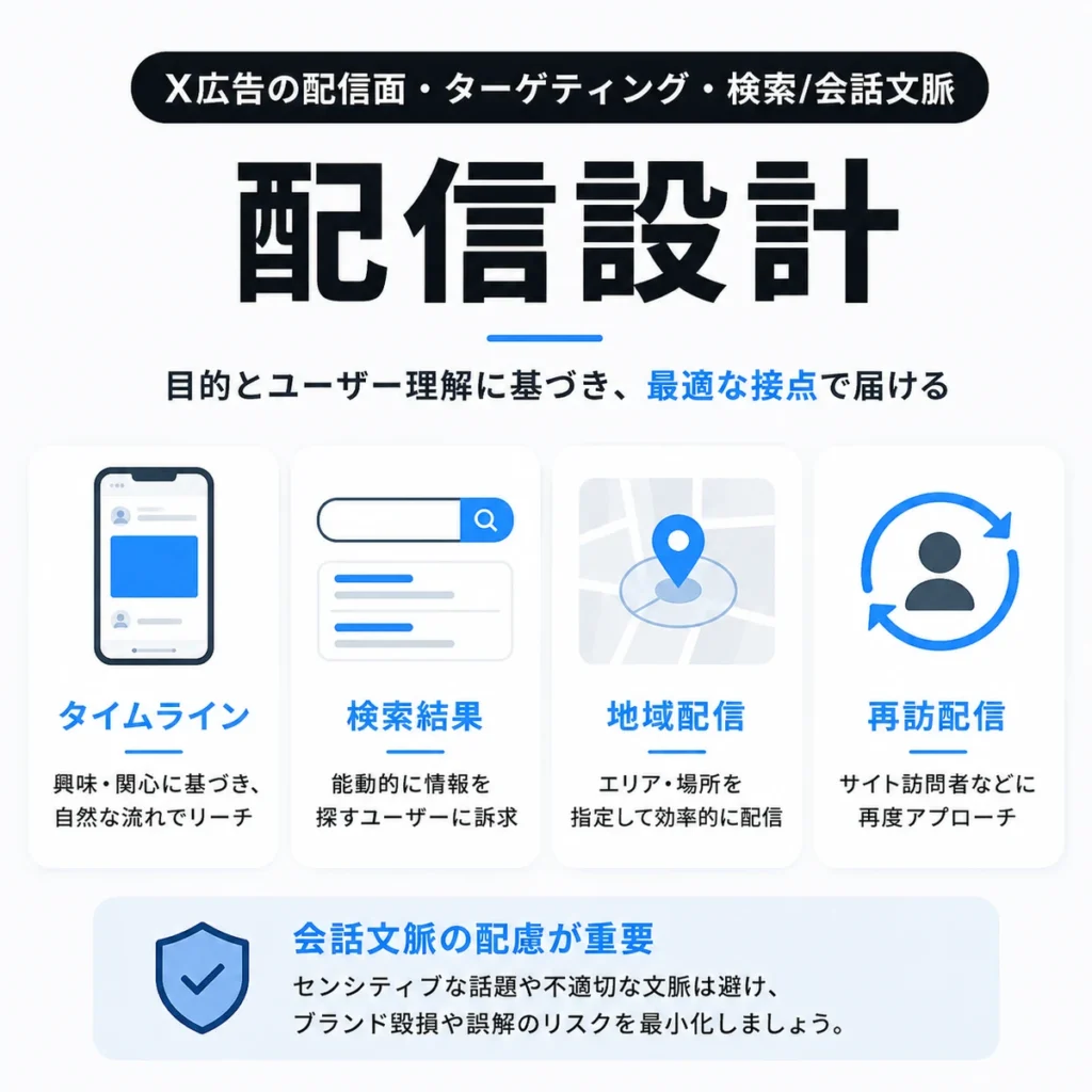 X広告の配信面・ターゲティング・検索文脈・再訪配信の設計を示すイラスト