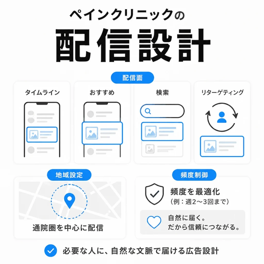 ペインクリニックのX広告における配信面、地域設定、頻度制御を整理したイラスト