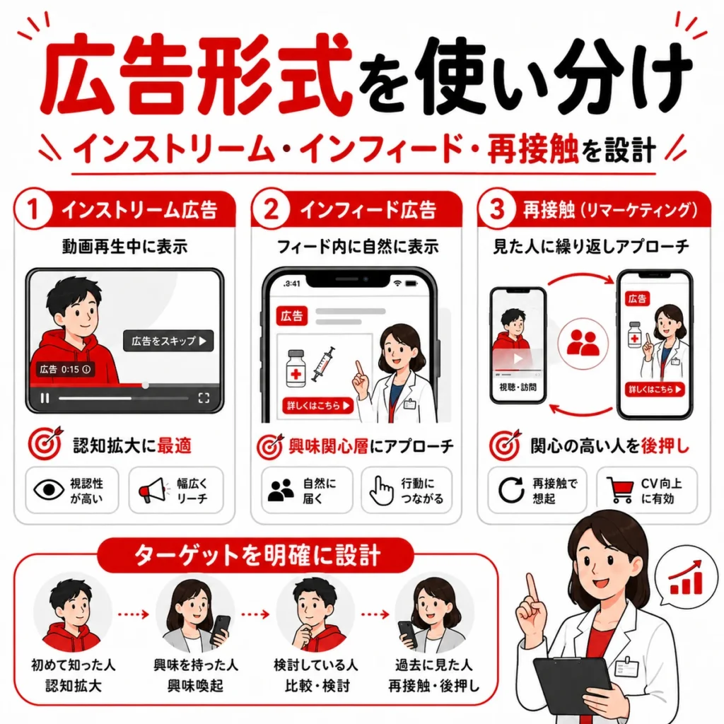 インストリーム広告、インフィード広告、再接触を使い分ける広告形式とターゲット設計のイラスト