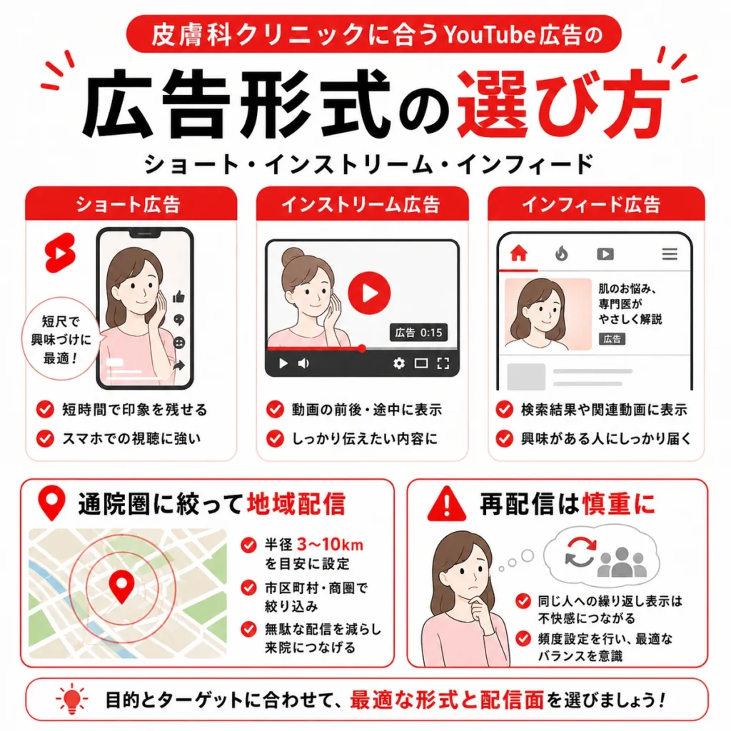 皮膚科クリニックに合うYouTube広告形式と地域配信の選び方を示すイラスト