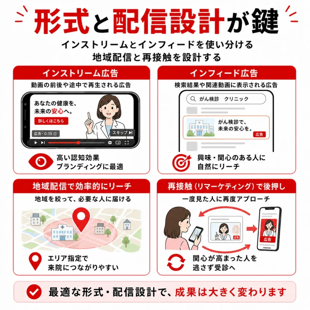 インストリーム広告やインフィード広告、地域配信と再接触の設計を示すイラスト