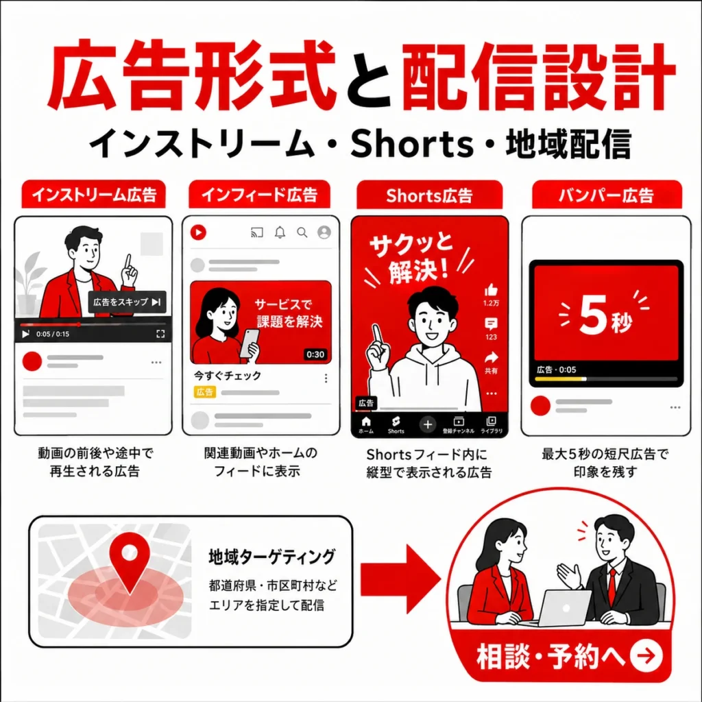 インストリームやインフィード、Shorts、バンパー広告と地域配信の使い分けを示すイラスト