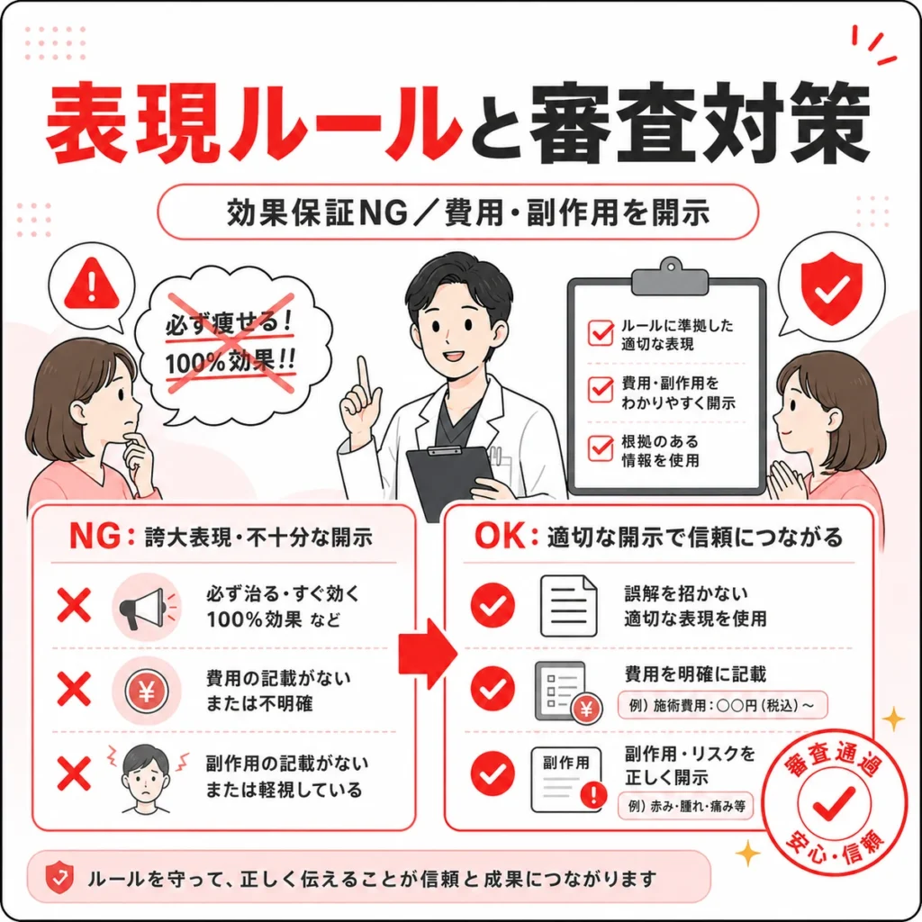 医療広告ガイドラインに沿った表現ルールと審査対策をNGとOKで示すイラスト