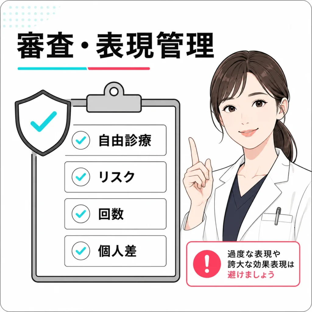 医療広告ガイドラインとTikTok広告ポリシーに配慮した審査・表現管理のチェック項目を示すイラスト