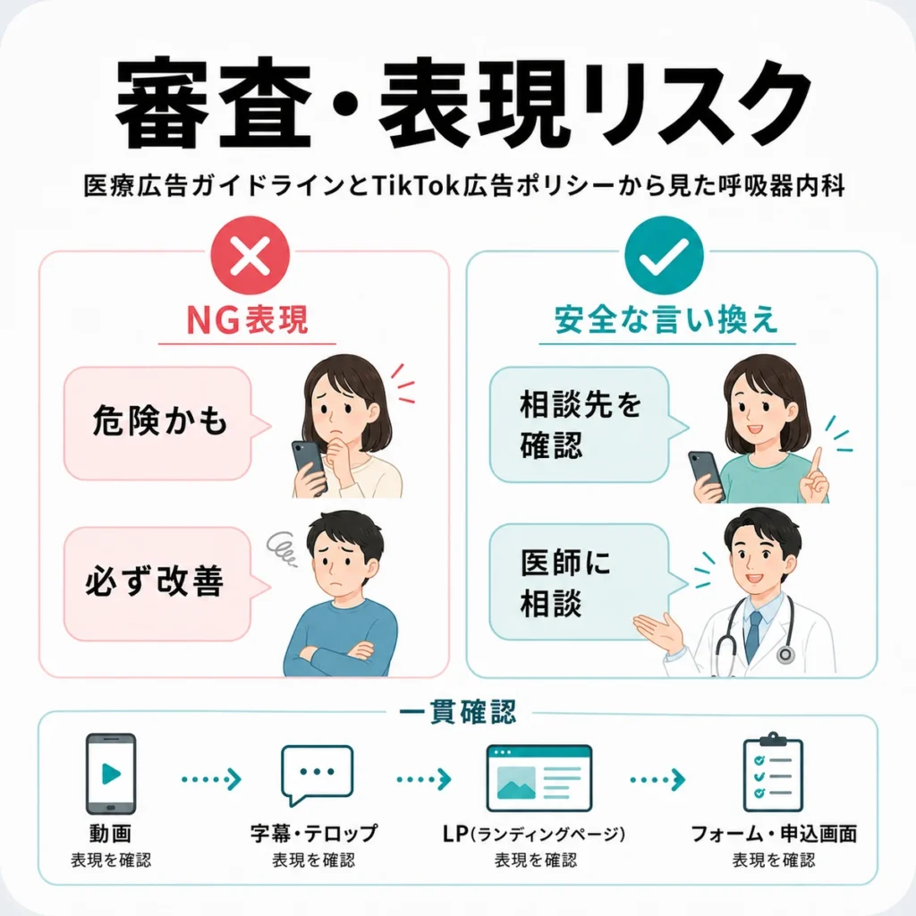医療広告ガイドラインとTikTok広告ポリシーに沿った表現リスクと安全な言い換えを示すイラスト