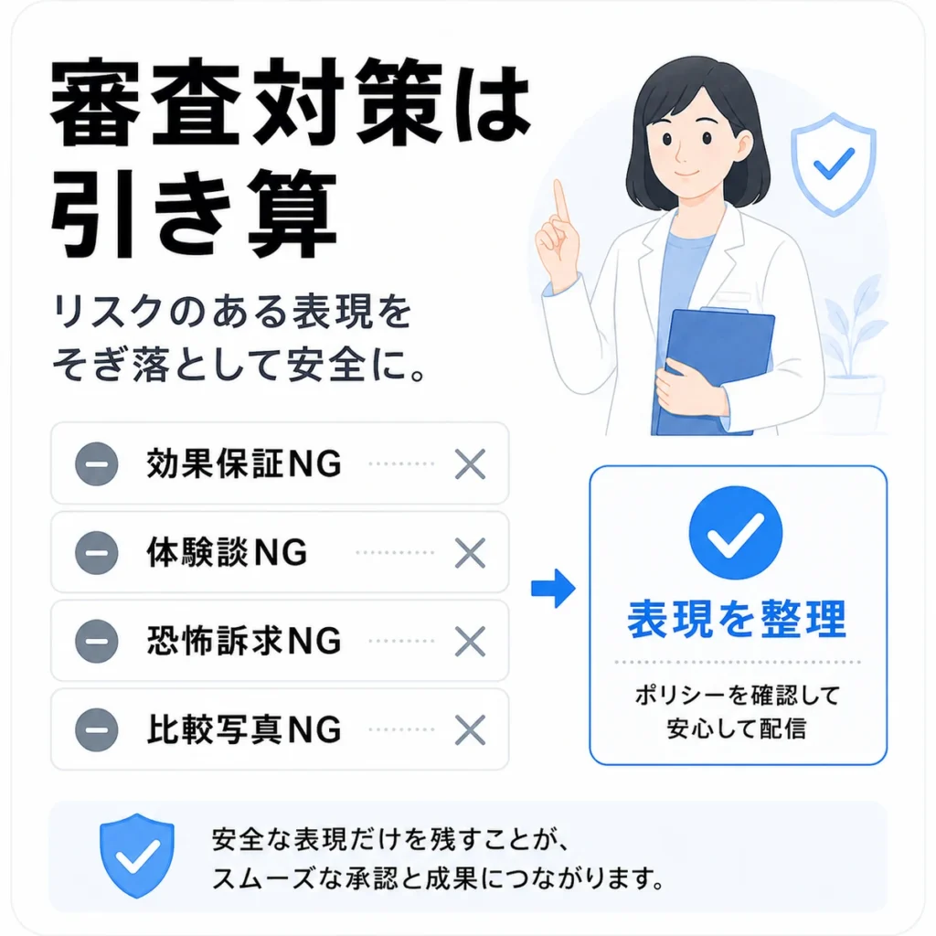 医療広告ガイドラインとXポリシーに配慮し、リスク表現を整理する審査対策を示すイラスト