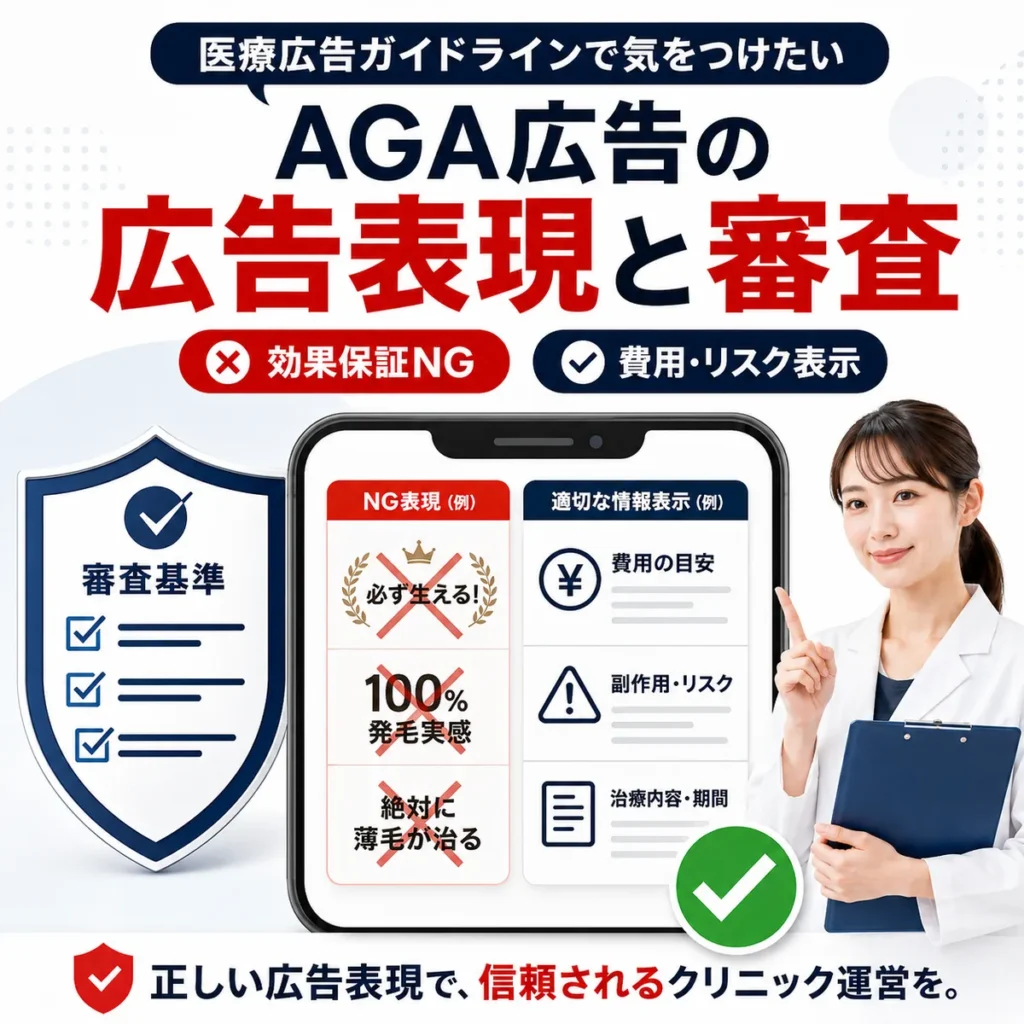 医療広告ガイドラインに配慮したAGA広告の表現と審査ポイントを示すイラスト