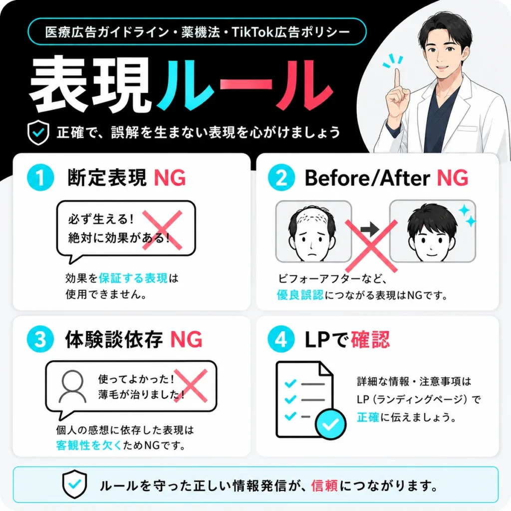 医療広告ガイドラインや薬機法、TikTok広告ポリシーに沿ったAGA広告の表現ルールを示すイラスト