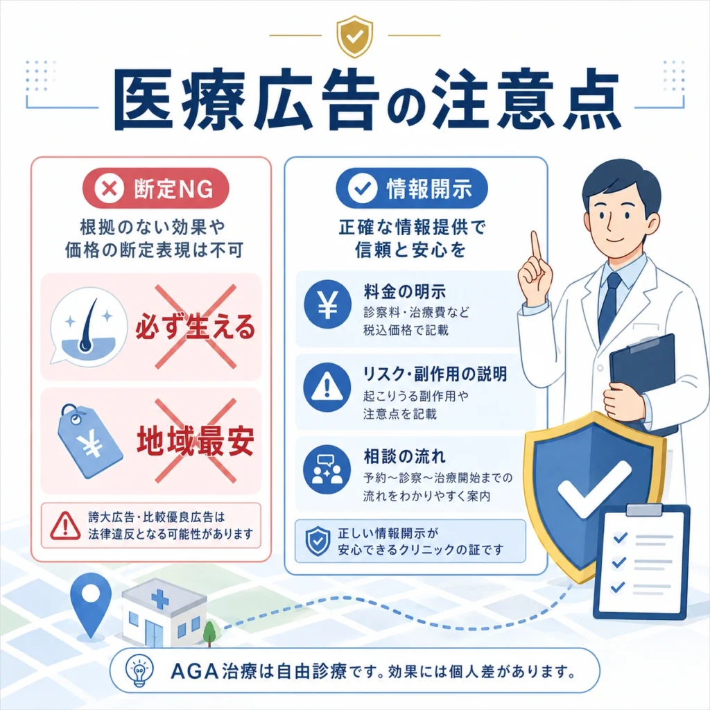 AGAクリニック広告で避けたい断定表現と正しい情報開示を説明する医療広告ガイドラインのイラスト