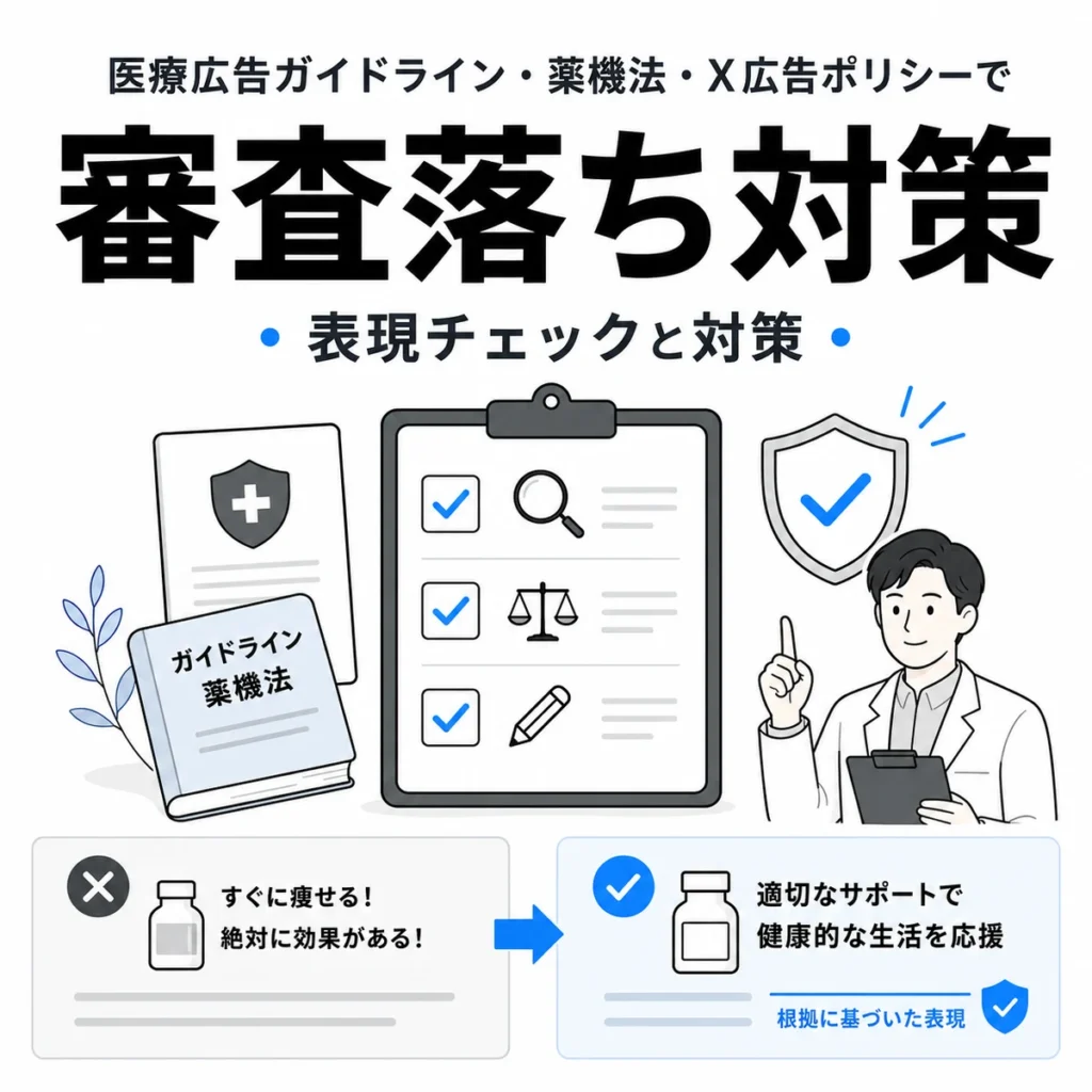 医療広告ガイドライン、薬機法、X広告ポリシーに配慮した表現チェックと対策を示すイラスト