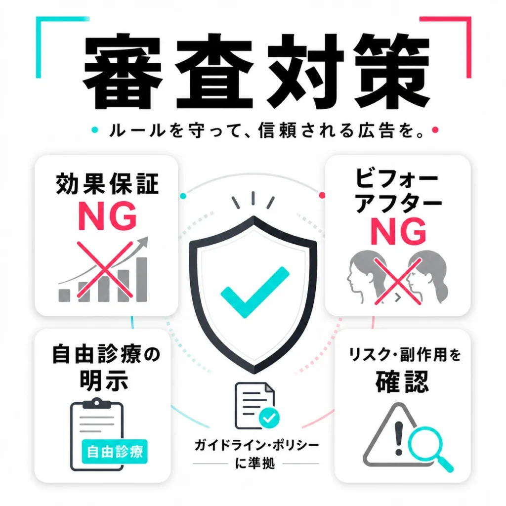 医療広告ガイドラインとTikTok広告ポリシーに沿った審査対策と表現管理を示すイラスト