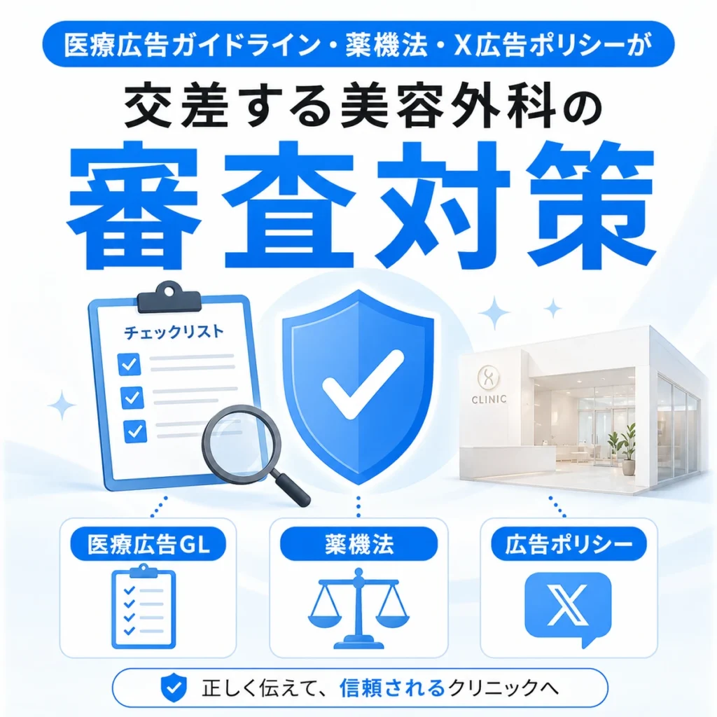 医療広告ガイドライン、薬機法、X広告ポリシーに配慮した審査対策を示すイラスト