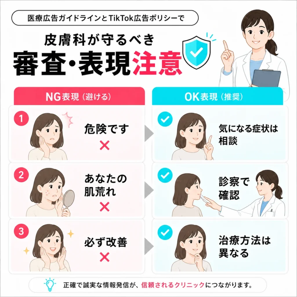 医療広告ガイドラインとTikTok広告ポリシーで避ける表現と推奨表現を比較するイラスト