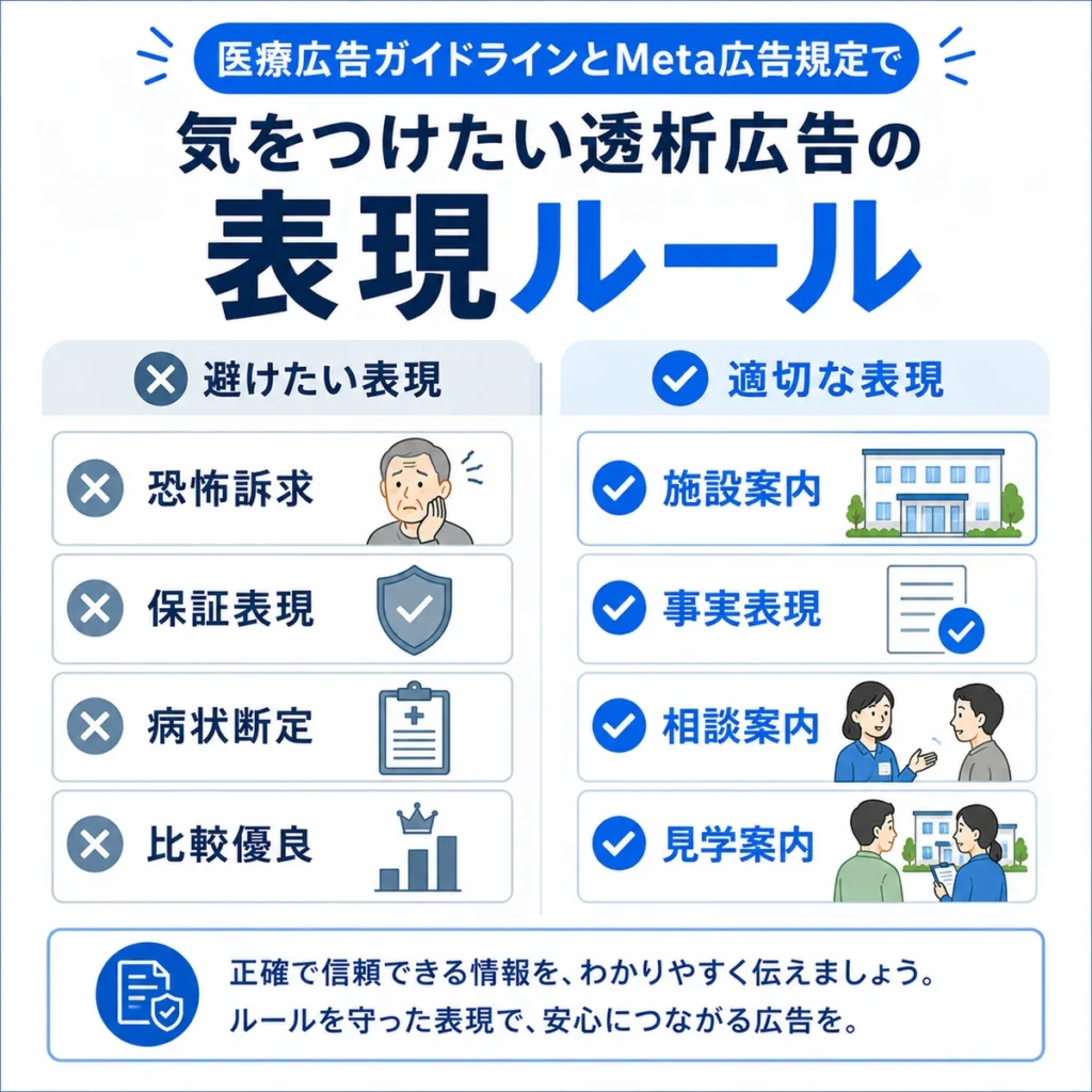 医療広告ガイドラインとMeta広告規定に配慮した透析広告の表現ルールを示すイラスト