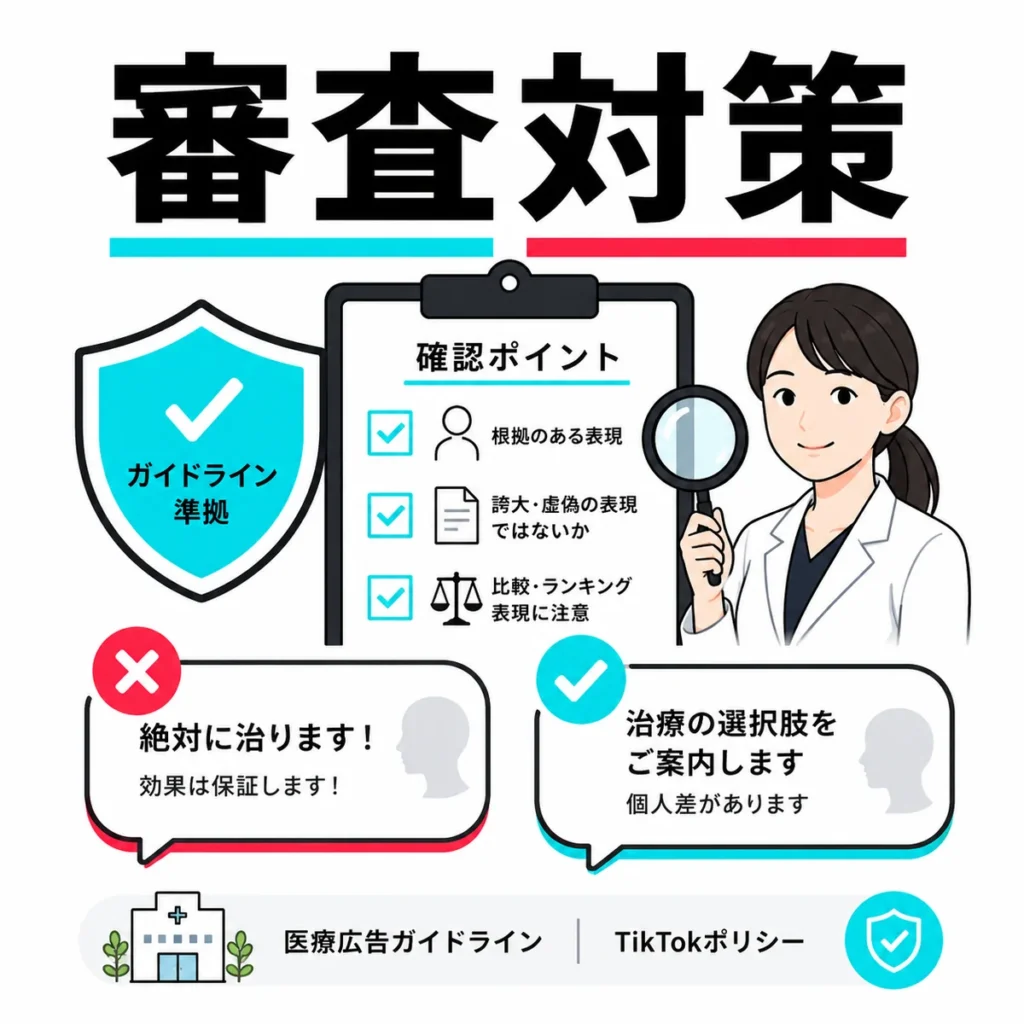 医療広告ガイドラインとTikTokポリシーを踏まえた審査対策を示すイラスト