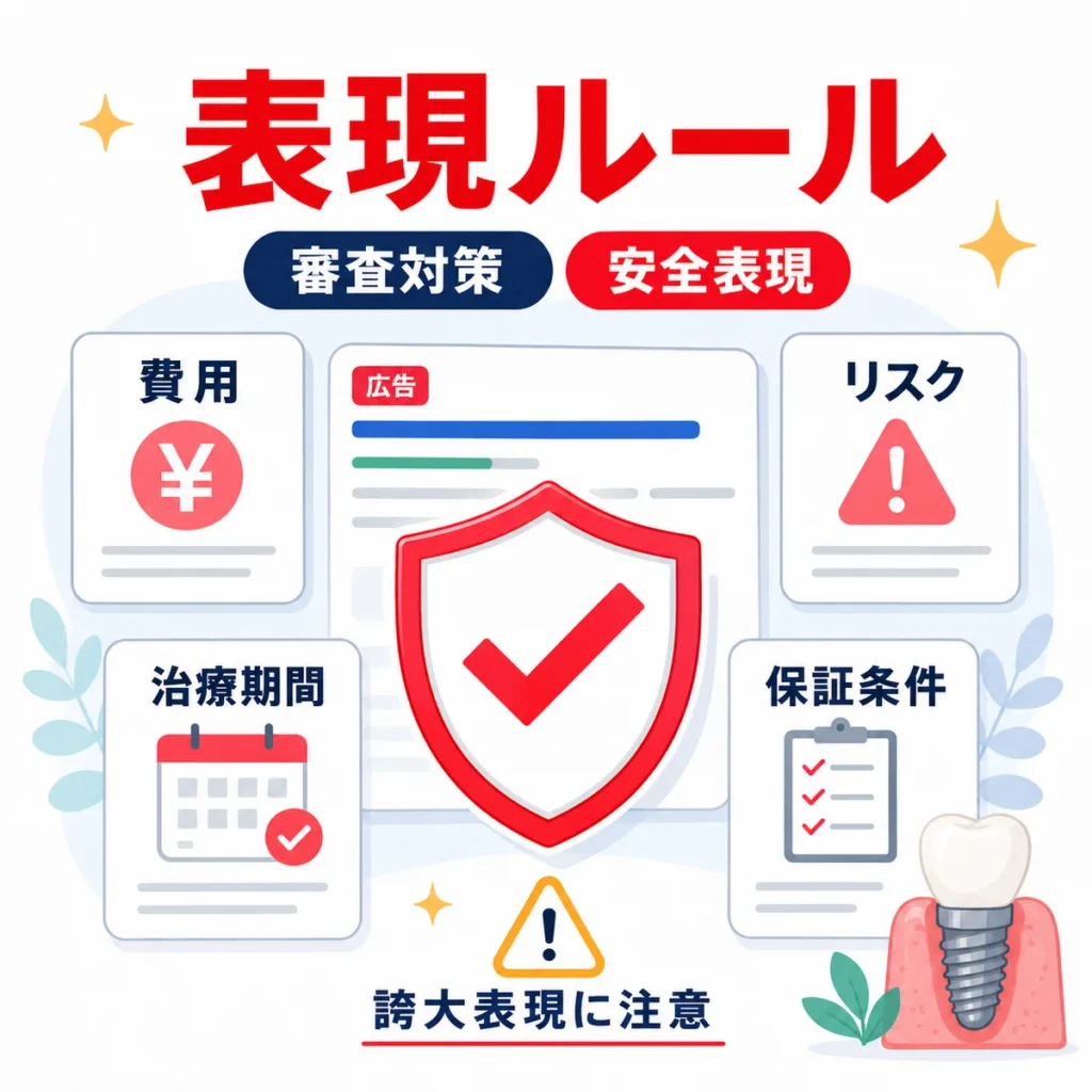 医療広告ガイドラインに配慮したインプラント広告の安全表現と審査対策を示すイラスト