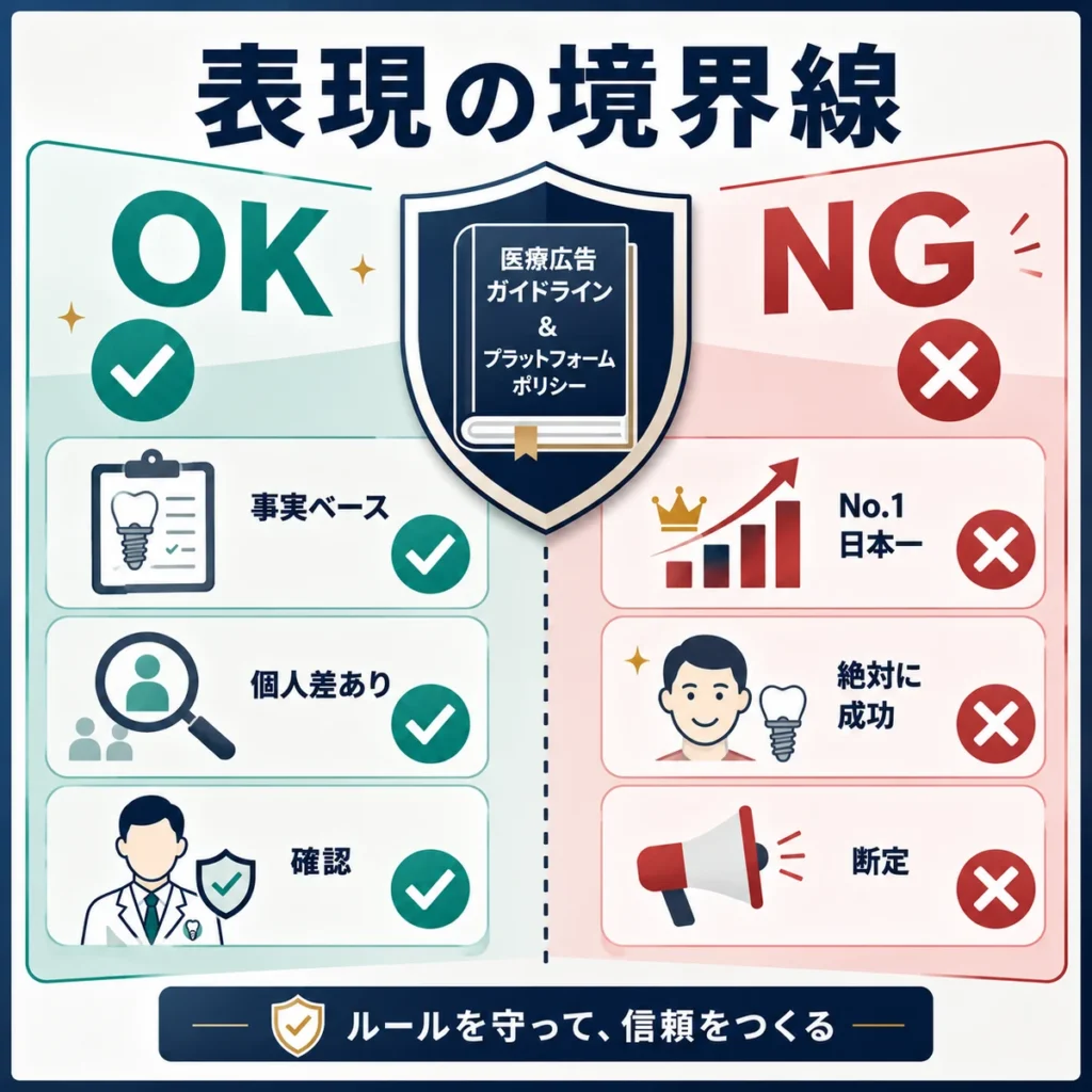 医療広告ガイドラインとX広告ポリシーに沿ったOK表現とNG表現の境界線を示すイラスト