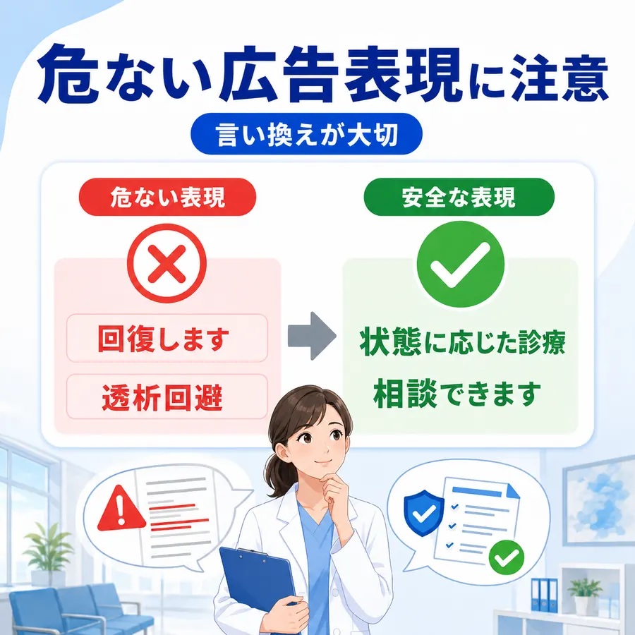 腎機能回復や透析回避など危ない広告表現を安全な言い換えにする必要性を示すイラスト