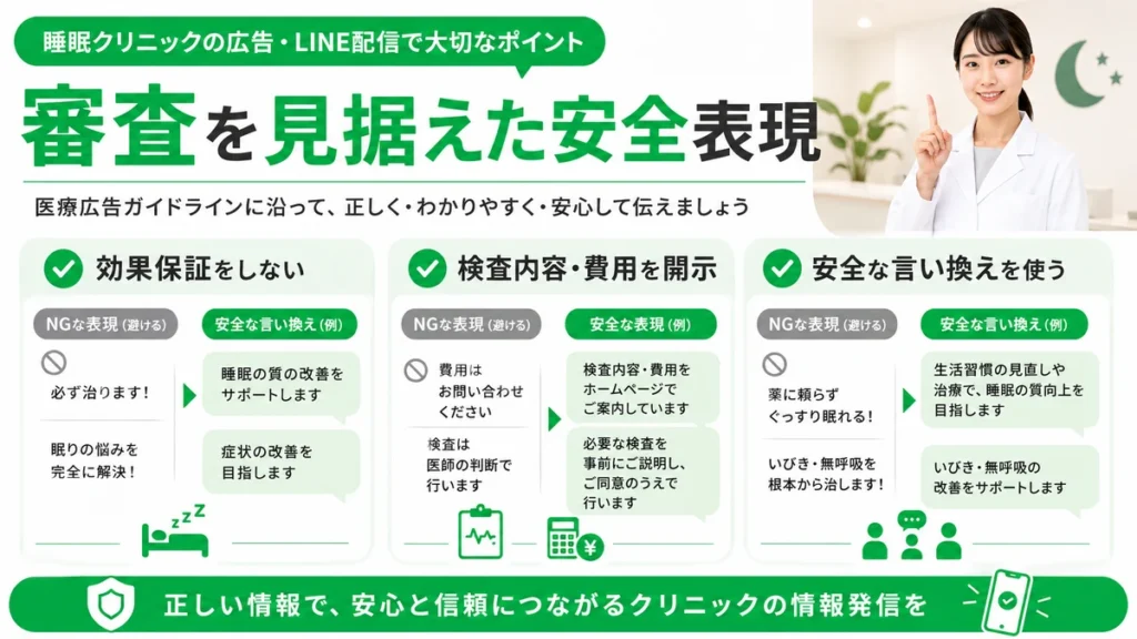 睡眠外来のLINE広告で医療広告ガイドラインを踏まえた安全な表現と審査対策を示すイラスト