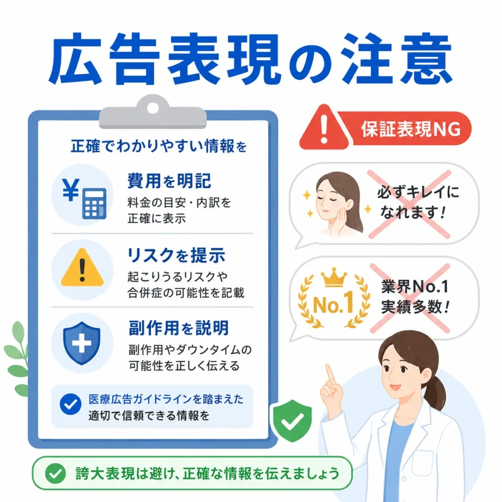 医療広告ガイドラインを踏まえて費用・リスク・副作用を明記し保証表現を避ける注意点のイラスト