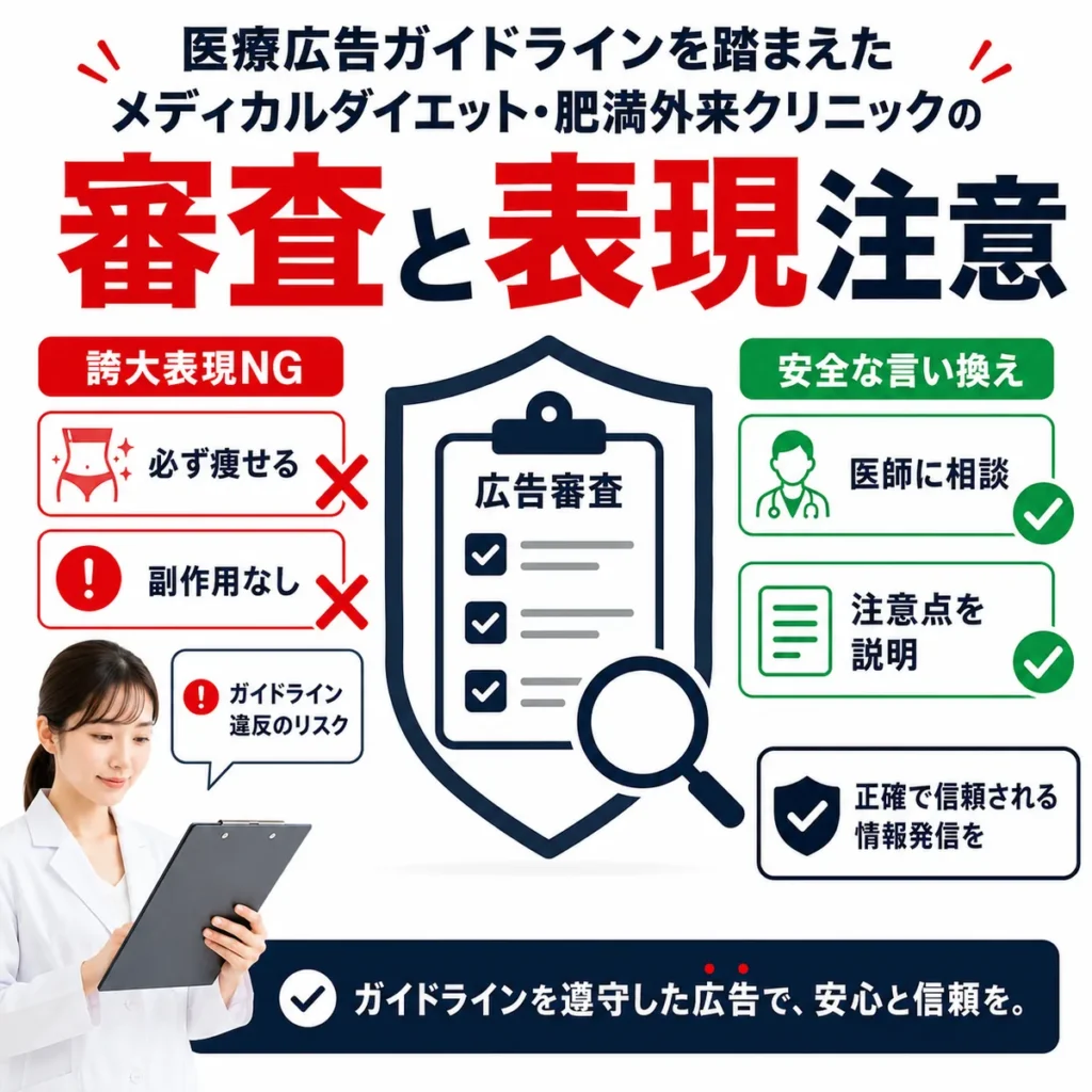 医療広告ガイドラインを踏まえた広告審査と誇大表現を避ける安全な言い換えを示すイラスト