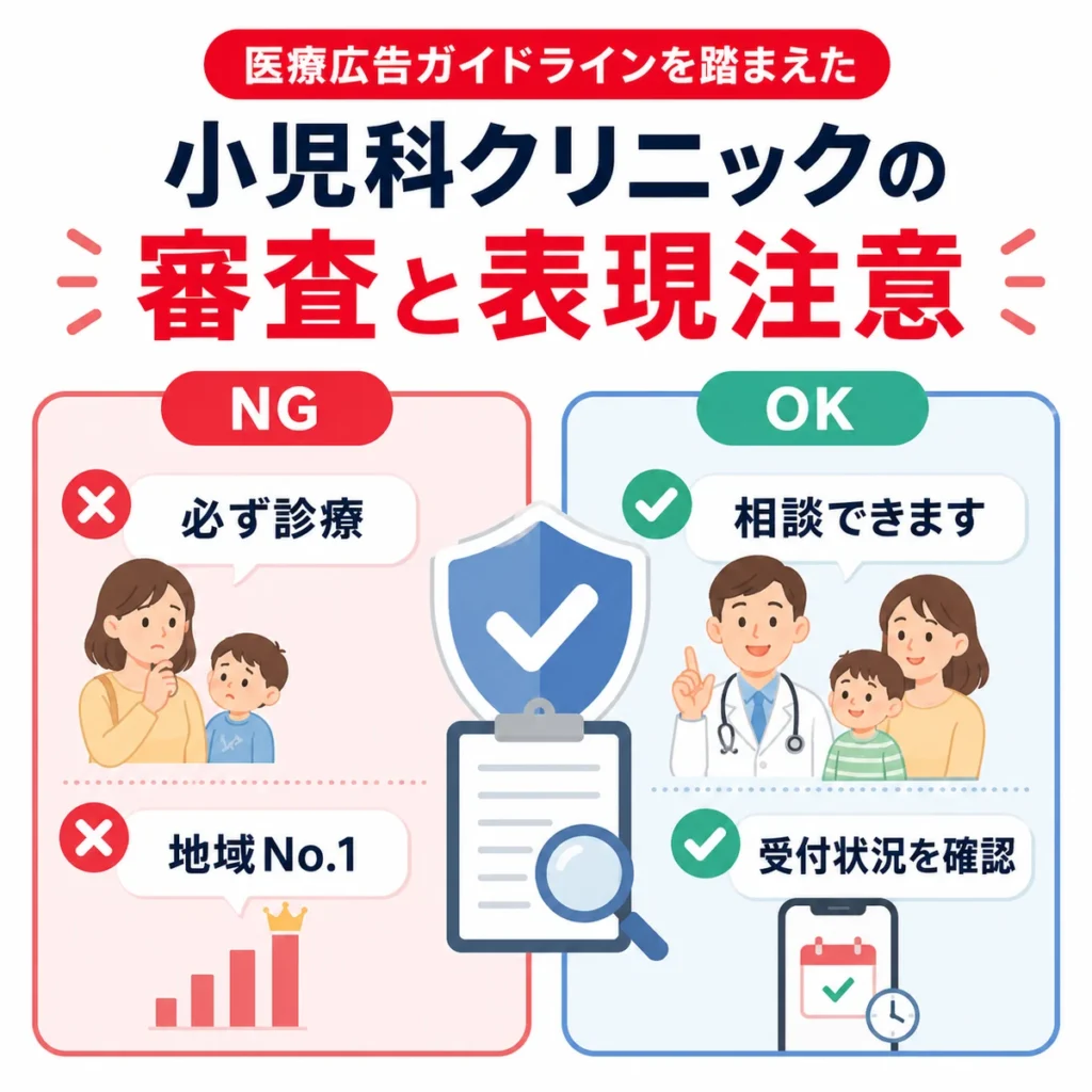 小児科の医療広告で避けたい表現と安全な言い換えをNGとOKで示すイラスト