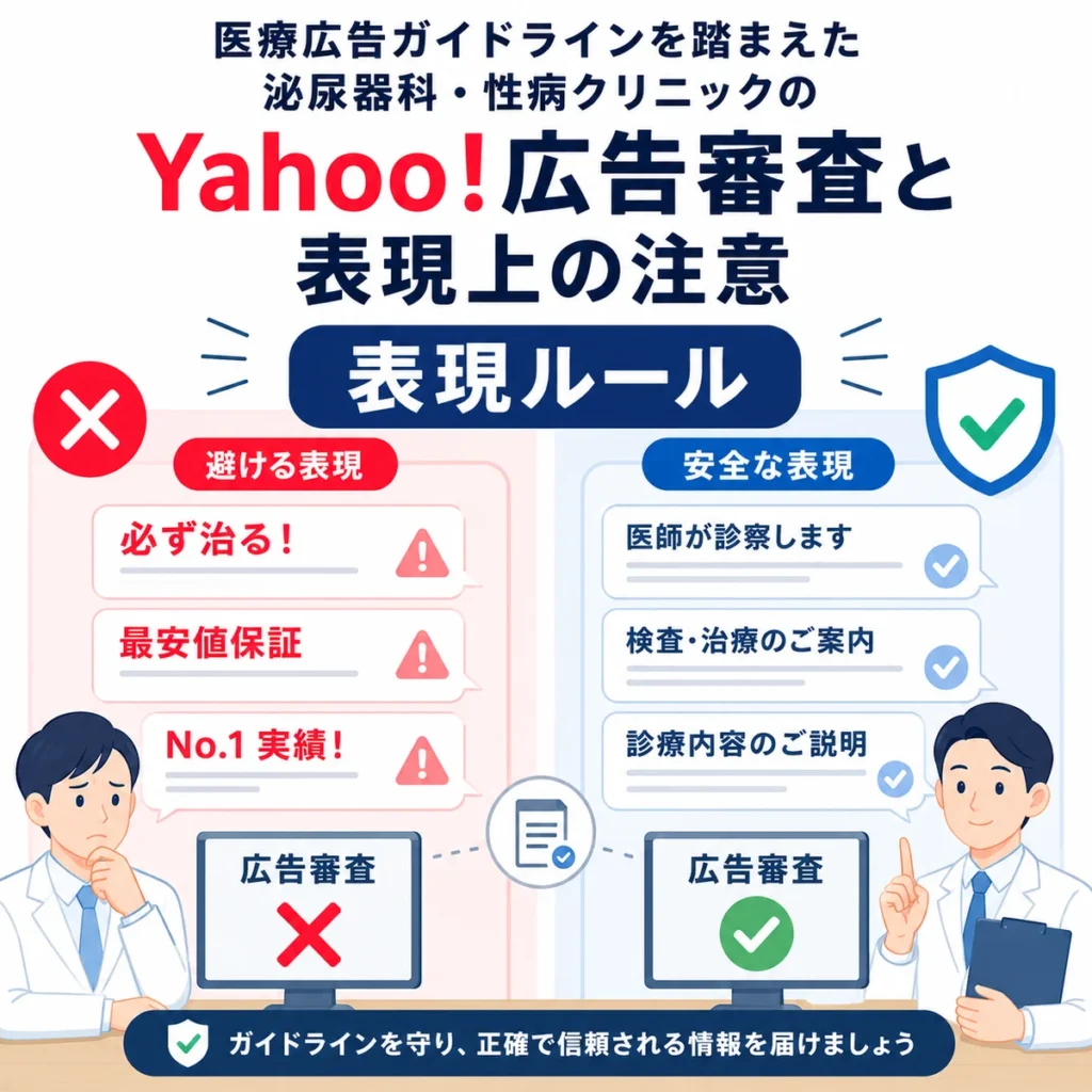 医療広告ガイドラインを踏まえて避ける表現と安全な広告表現を比較するイラスト