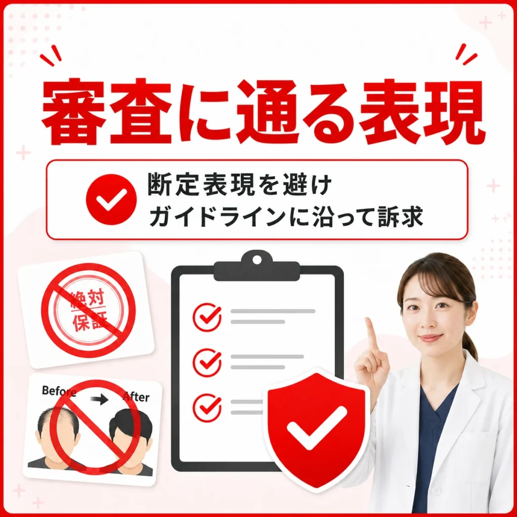 医療広告ガイドラインに沿って断定表現や過度な訴求を避ける審査対策のイラスト