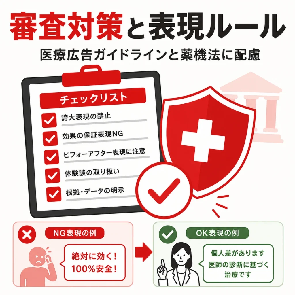 医療広告ガイドラインや薬機法に配慮した表現チェックと審査対策を示すイラスト