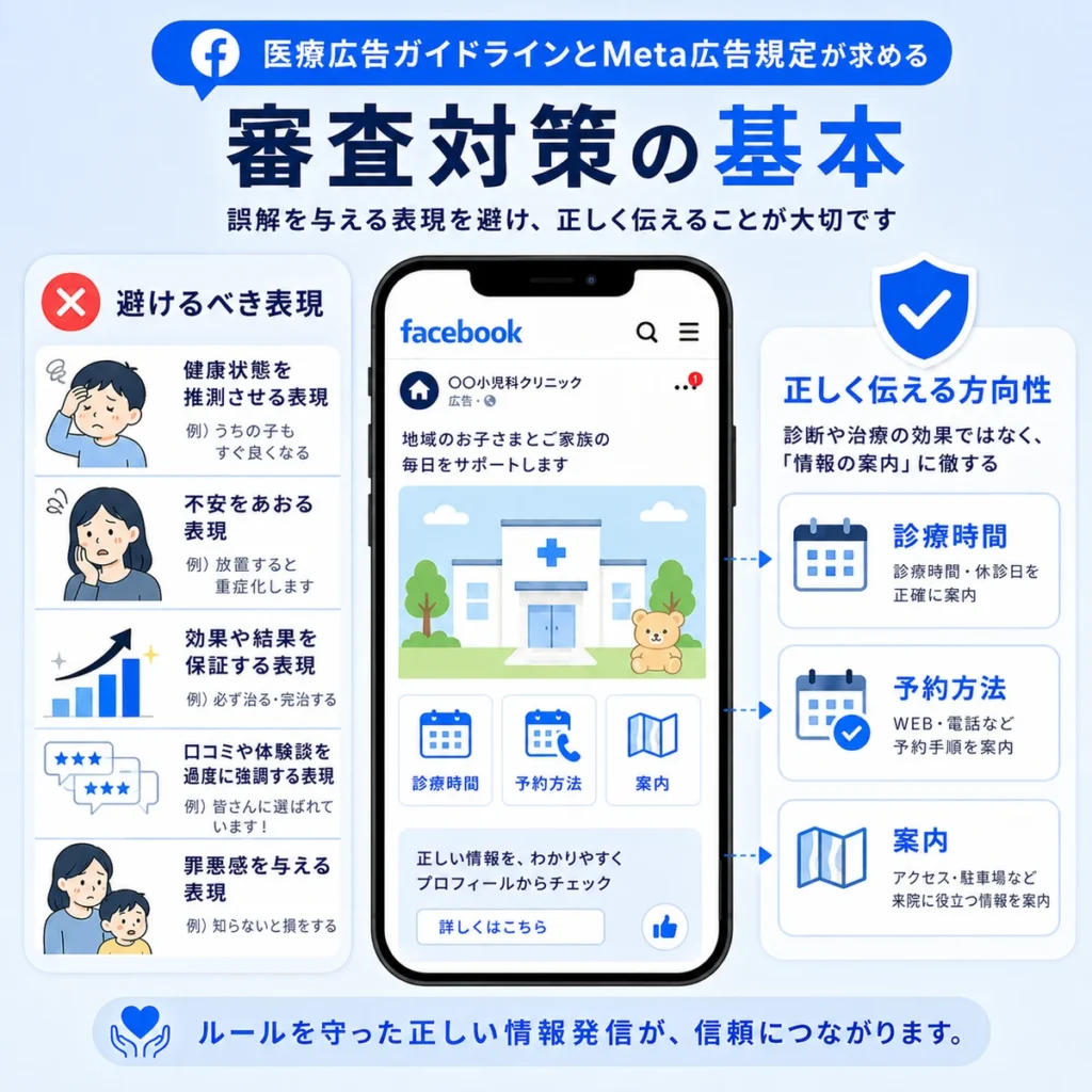 医療広告ガイドラインとMeta広告規定に配慮した小児科広告の審査対策を示すイラスト
