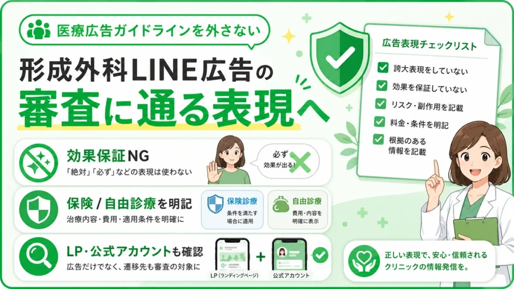 形成外科LINE広告で医療広告ガイドラインを外さない表現と審査対策をチェックリストで示すイラスト