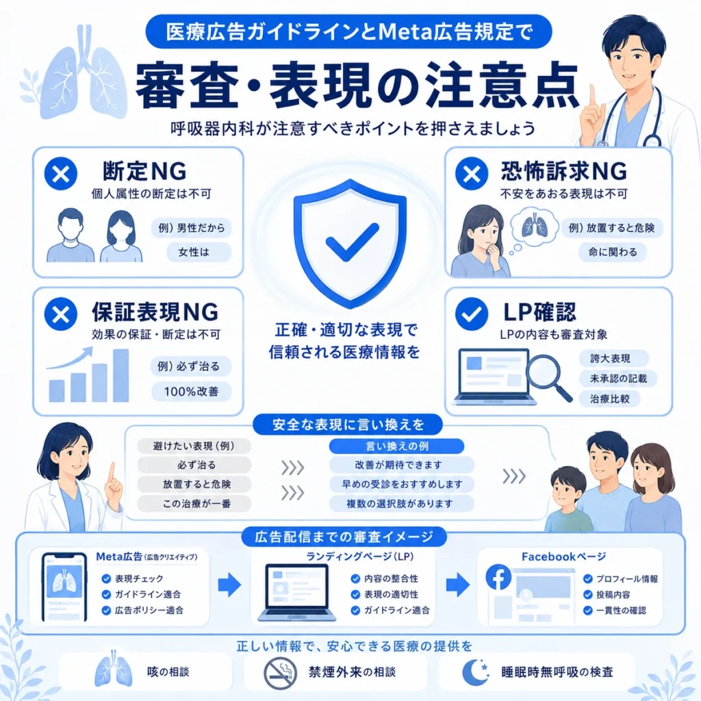 医療広告ガイドラインとMeta広告規定で注意すべき断定表現や恐怖訴求、LP確認を示すイラスト