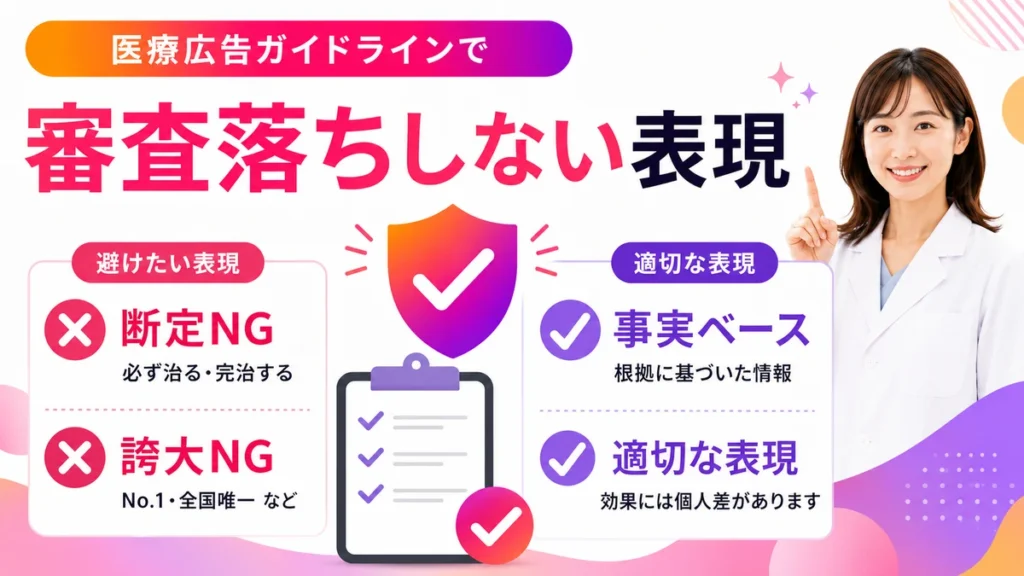 医療広告ガイドラインで審査落ちを防ぐ表現ポイントを示すイラスト