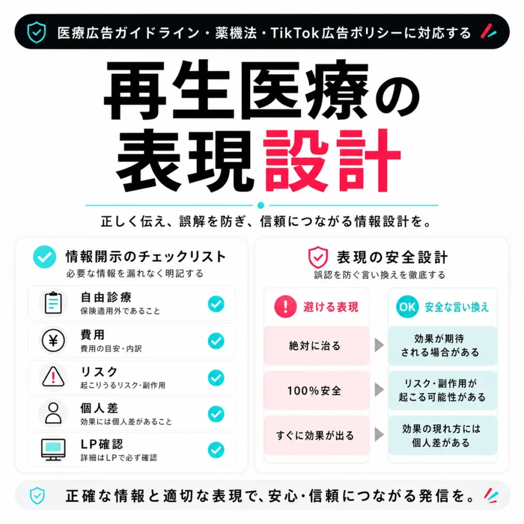 医療広告ガイドラインや薬機法、TikTok広告ポリシーに対応した再生医療広告の表現設計を示すイラスト