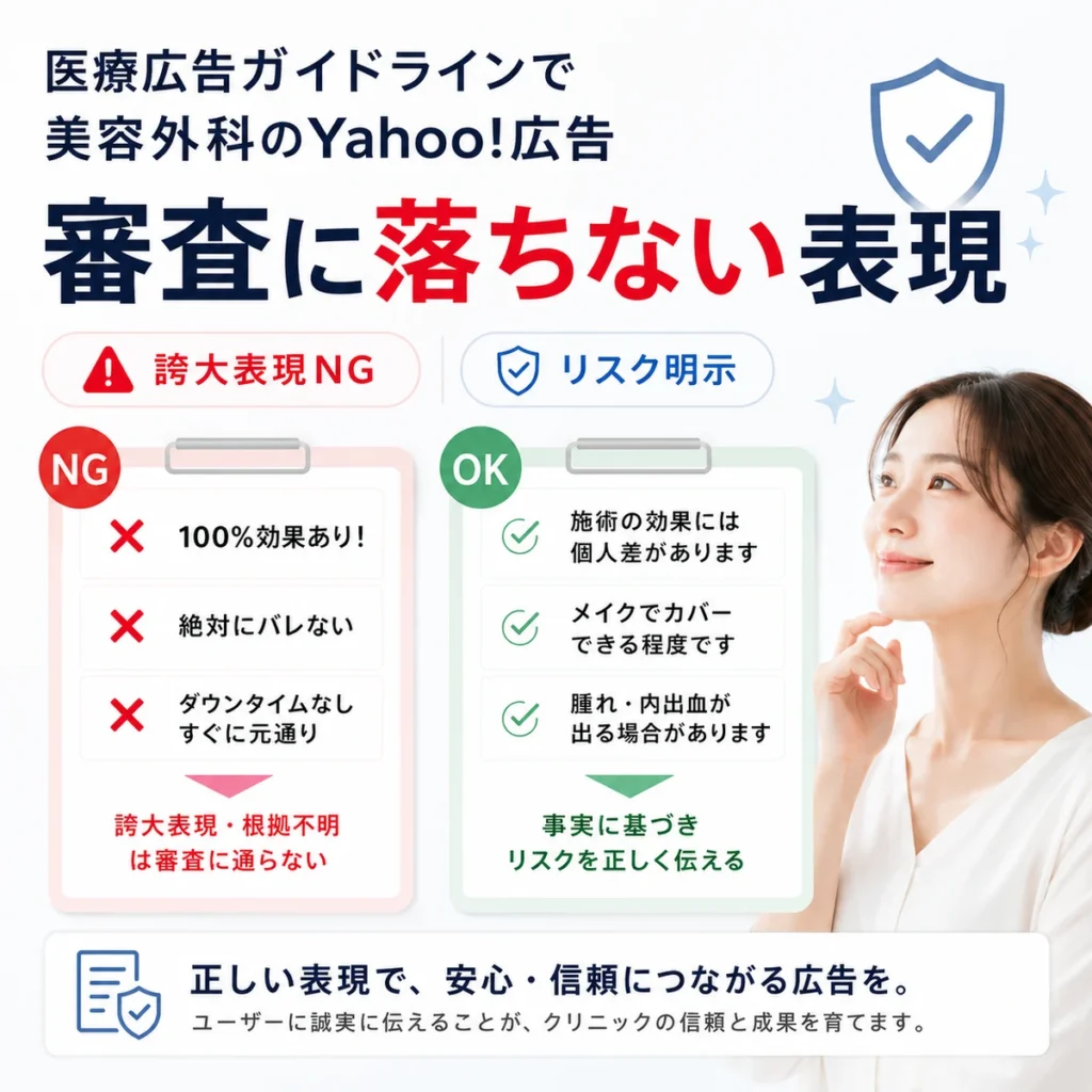 医療広告ガイドラインに配慮し美容外科広告で審査に落ちない表現を比較するイラスト