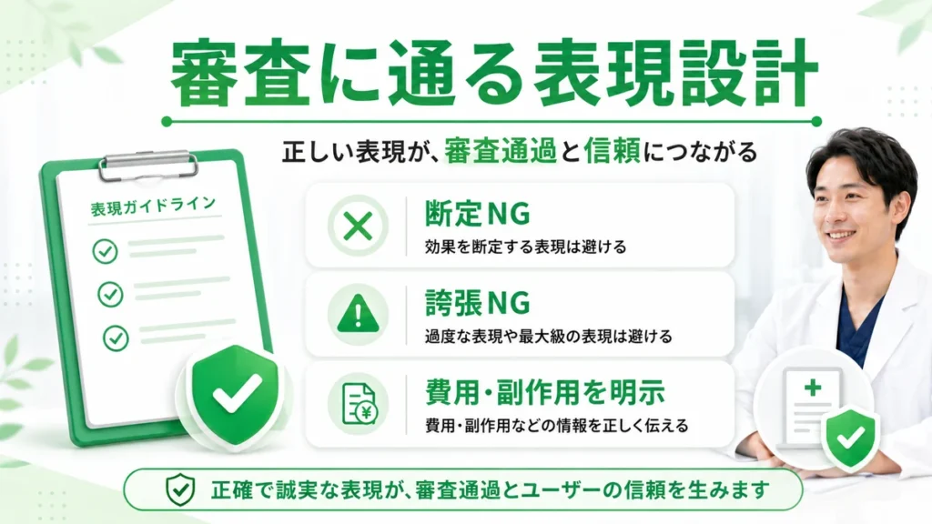 医療広告ガイドラインを踏まえた断定や誇張を避ける表現設計を示すイラスト
