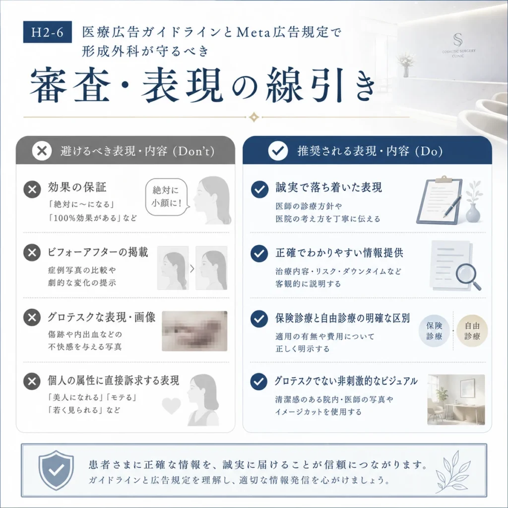医療広告ガイドラインとMeta広告規定に配慮した表現の線引きを示すイラスト