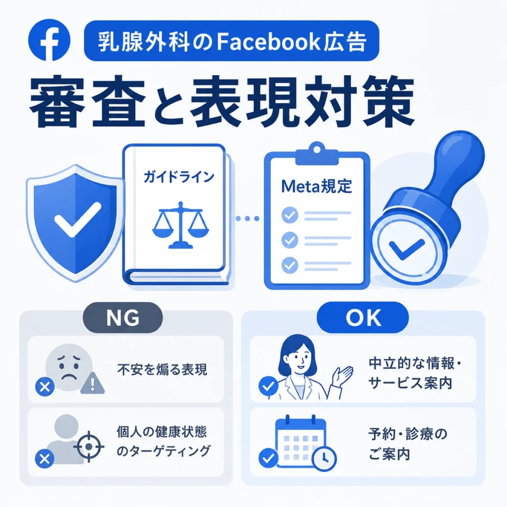 医療広告ガイドラインとMeta広告規定に沿った乳腺外科広告の審査対策を示すイラスト