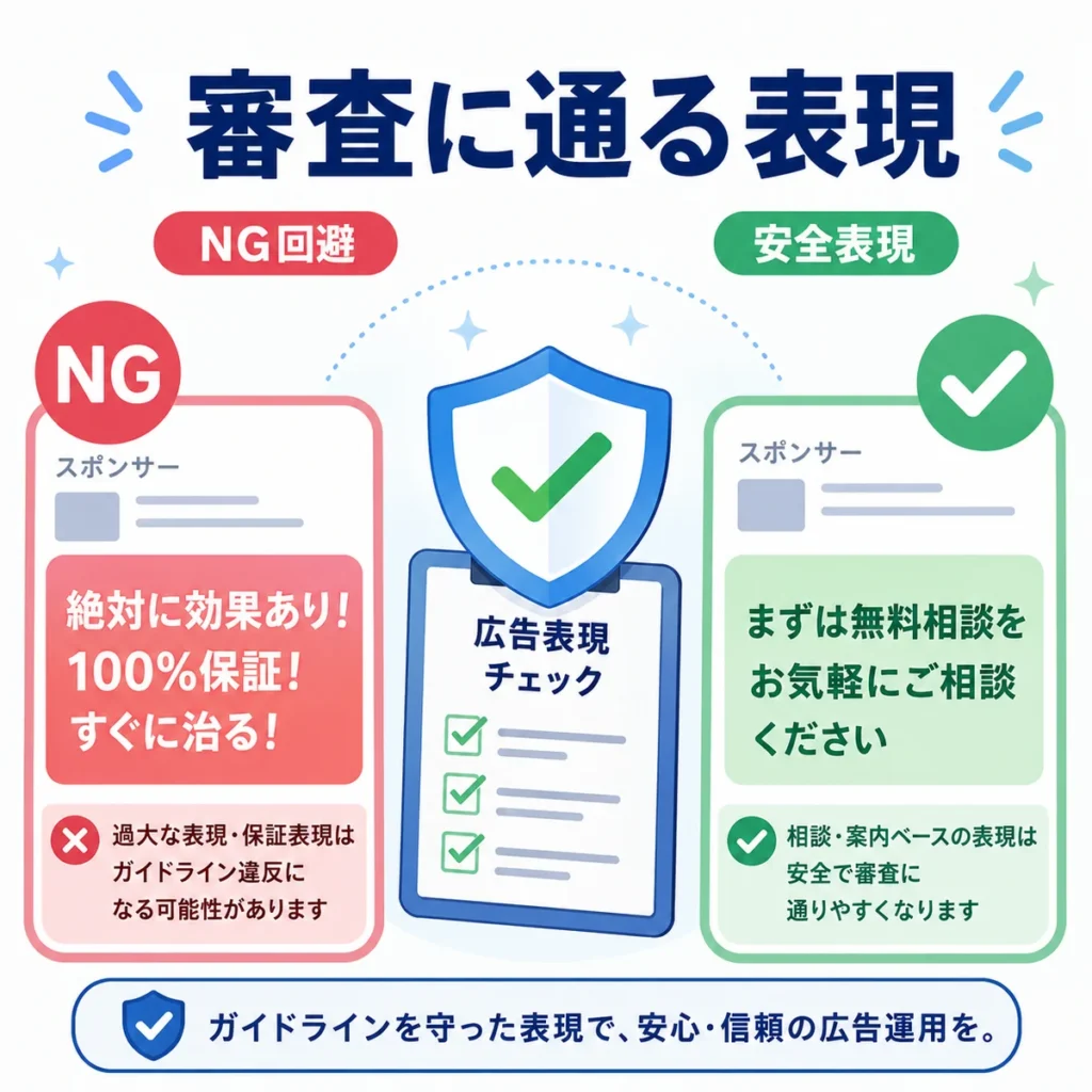 医療広告ガイドラインに配慮し、NG表現を避けて安全な広告表現へ置き換えるイラスト