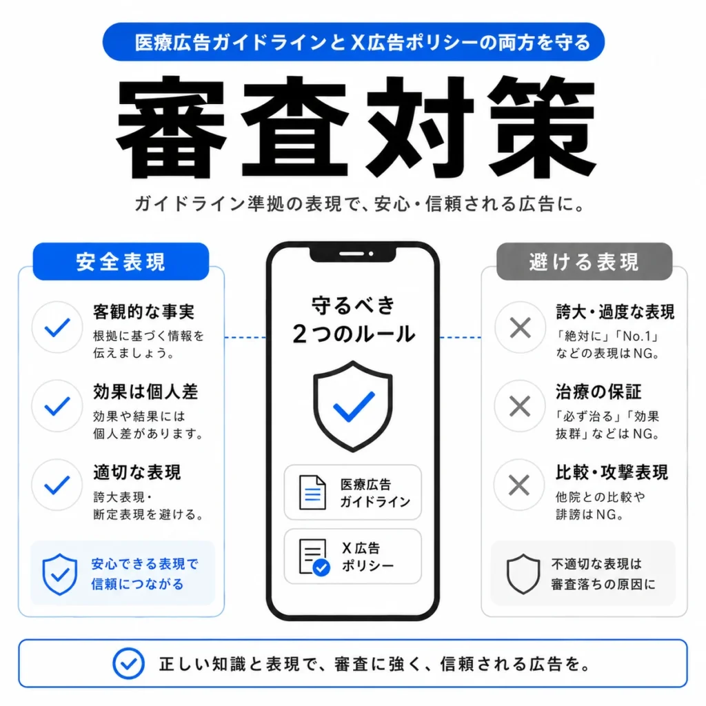 医療広告ガイドラインとX広告ポリシーを守る審査対策と安全表現を示すイラスト