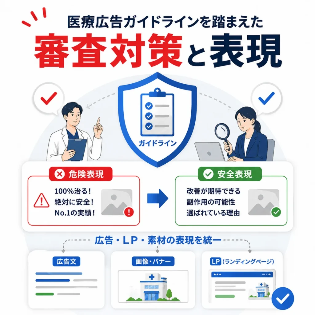 医療広告ガイドラインを踏まえて危険表現を安全表現に整える審査対策のイラスト