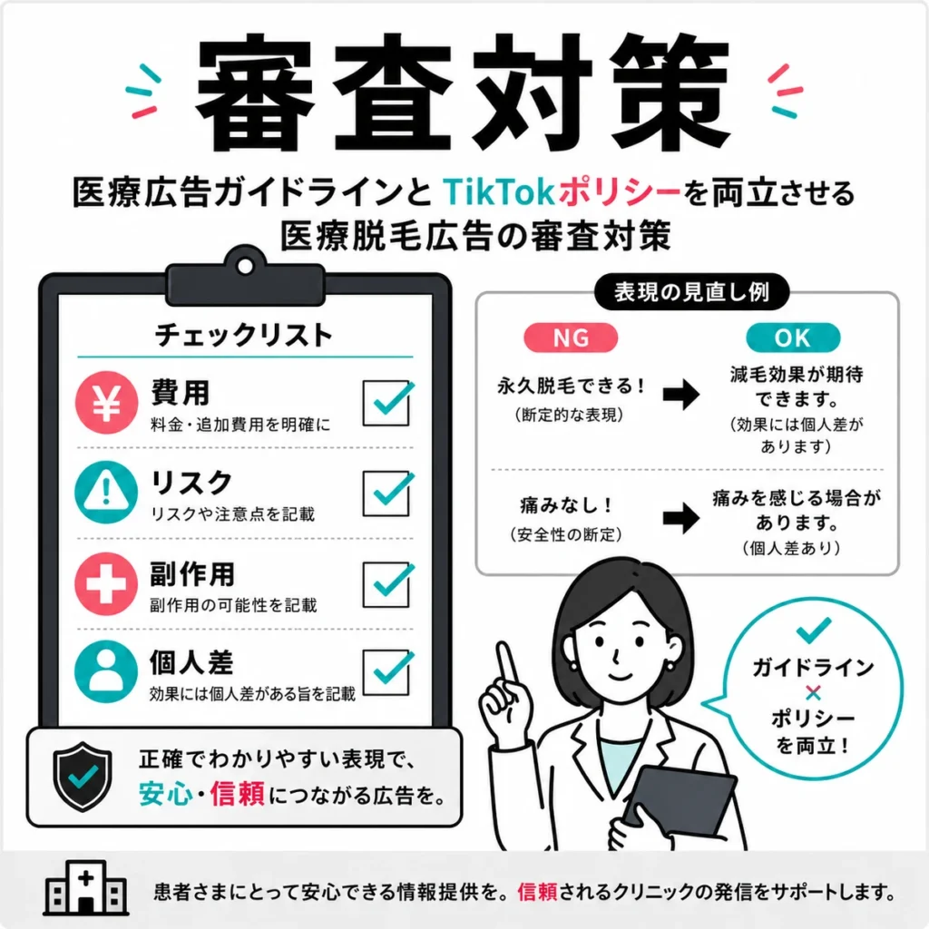 医療広告ガイドラインとTikTokポリシーを踏まえた医療脱毛広告の審査対策を示すイラスト