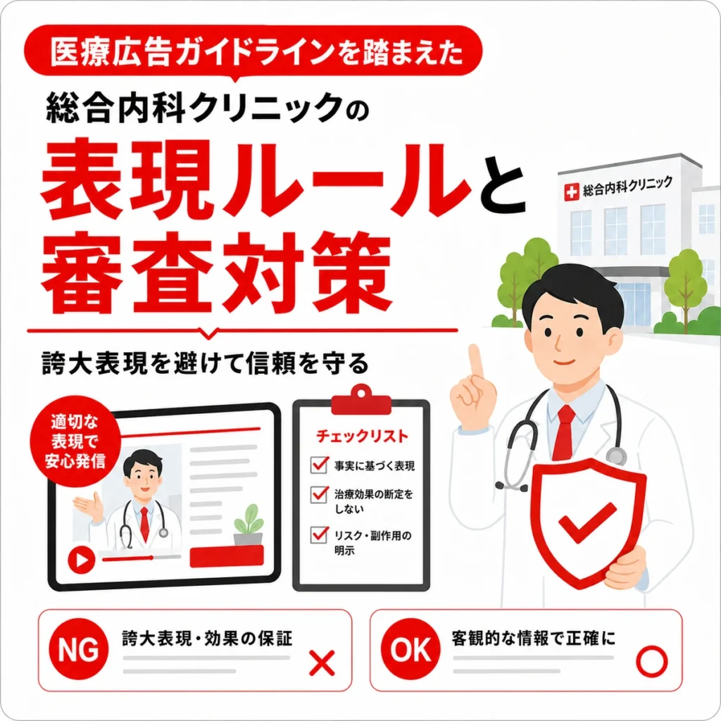 医療広告ガイドラインを踏まえた表現ルールと審査対策を示すイラスト